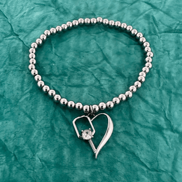 Silver Pickleball Heart Beaded Stretch Bracelet