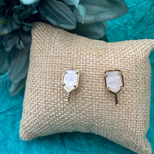 Pickleball Mother of Pearl Gold Stud Earrings