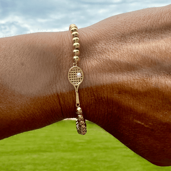 Gold Pearl Tennis Racket Beaded Bracelet