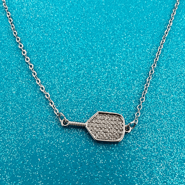 Pickleball Connector Rhinestone Necklace on the Blue Background